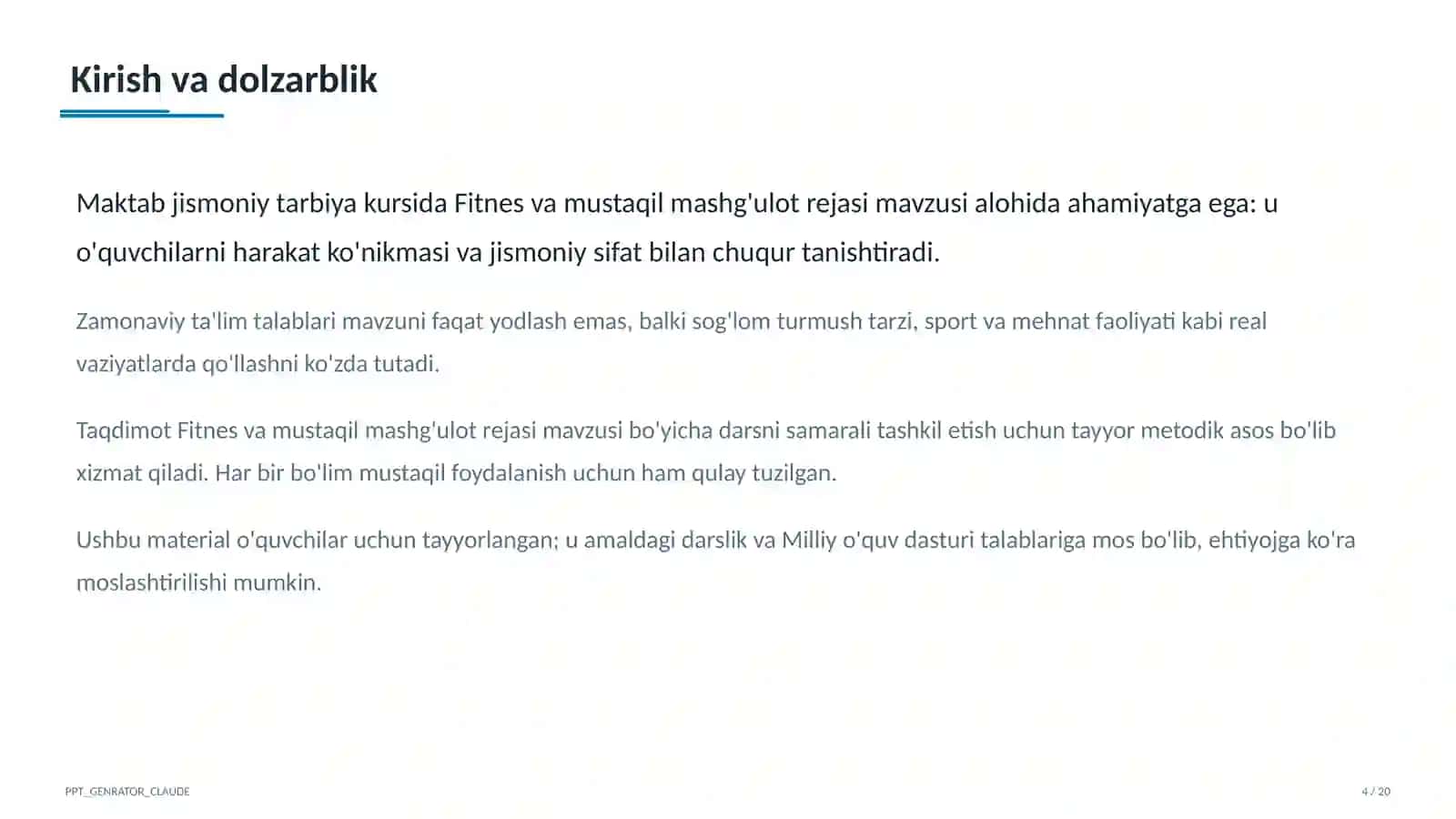 Fitnes va mustaqil mashg'ulot rejasi (11-sinf) 4