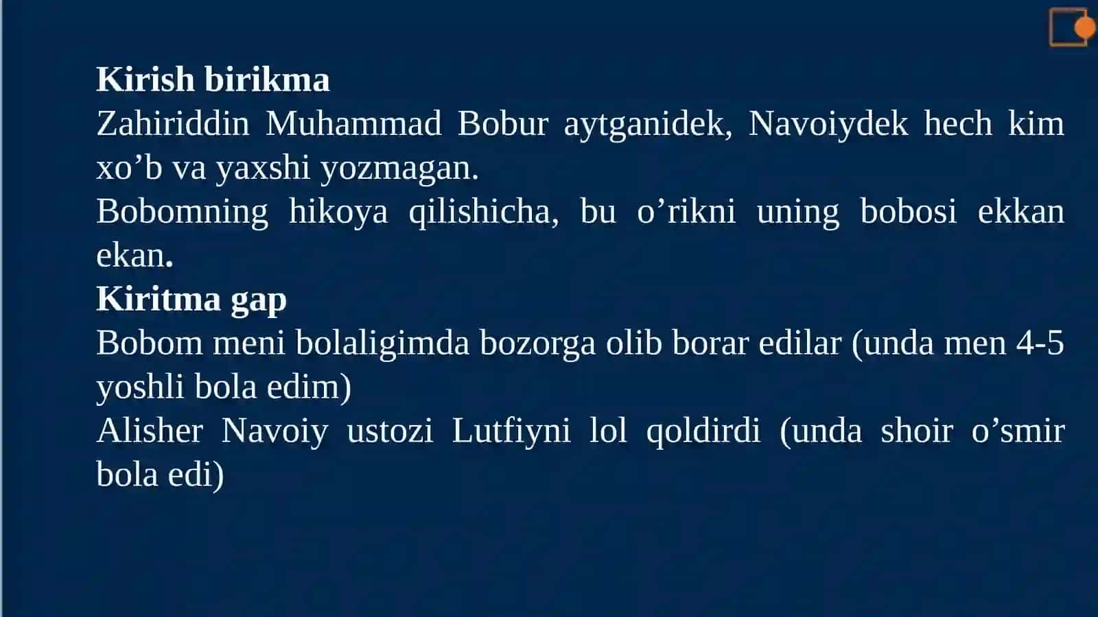 Gap bo‘laklari bilan aloqaga kirishmaydigan bo‘laklar: kiritma, undalma 4
