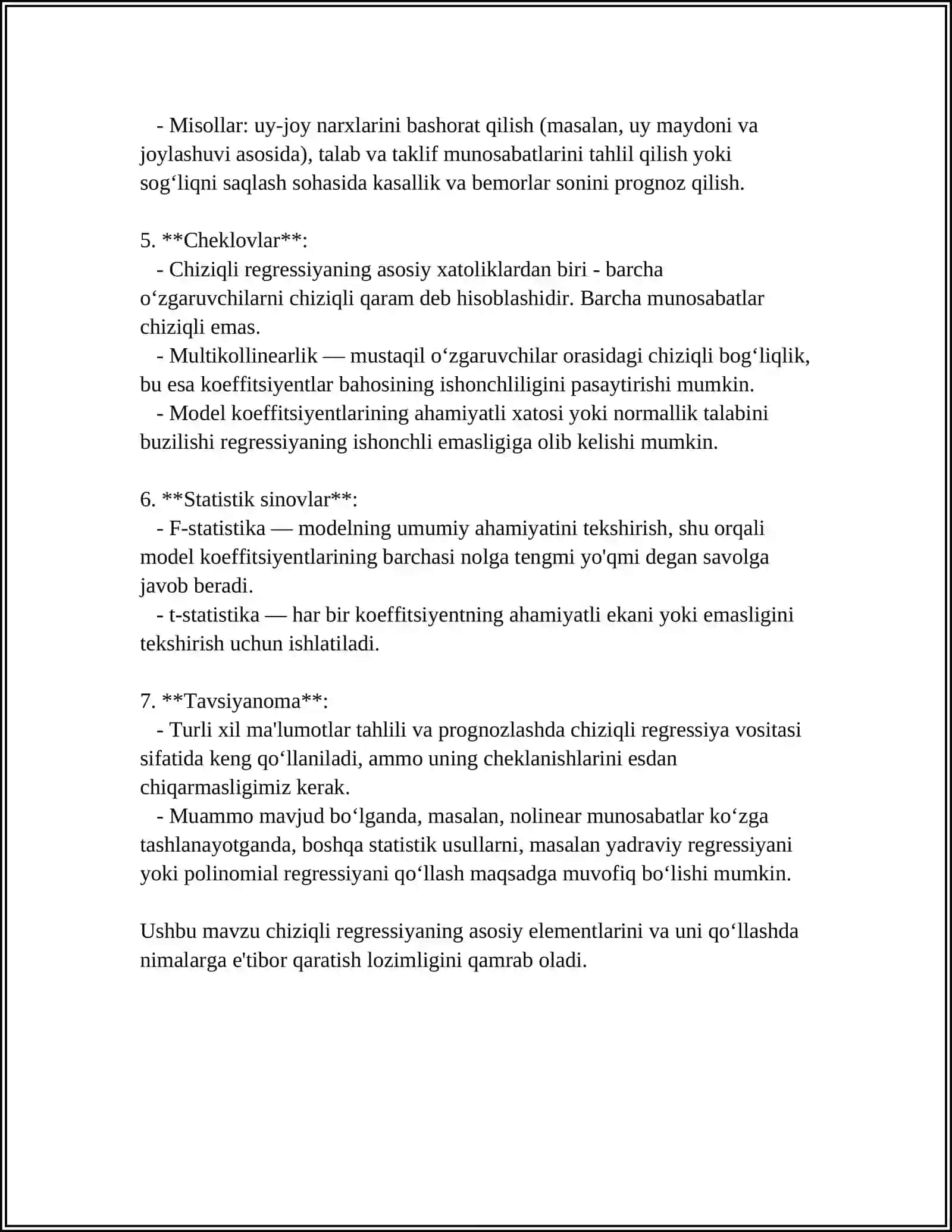 REGRESSIYA TINGLAMALARNI TUZISH 4
