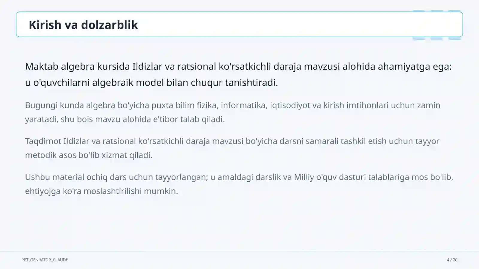 Ildizlar va ratsional ko'rsatkichli daraja (10-sinf) 4