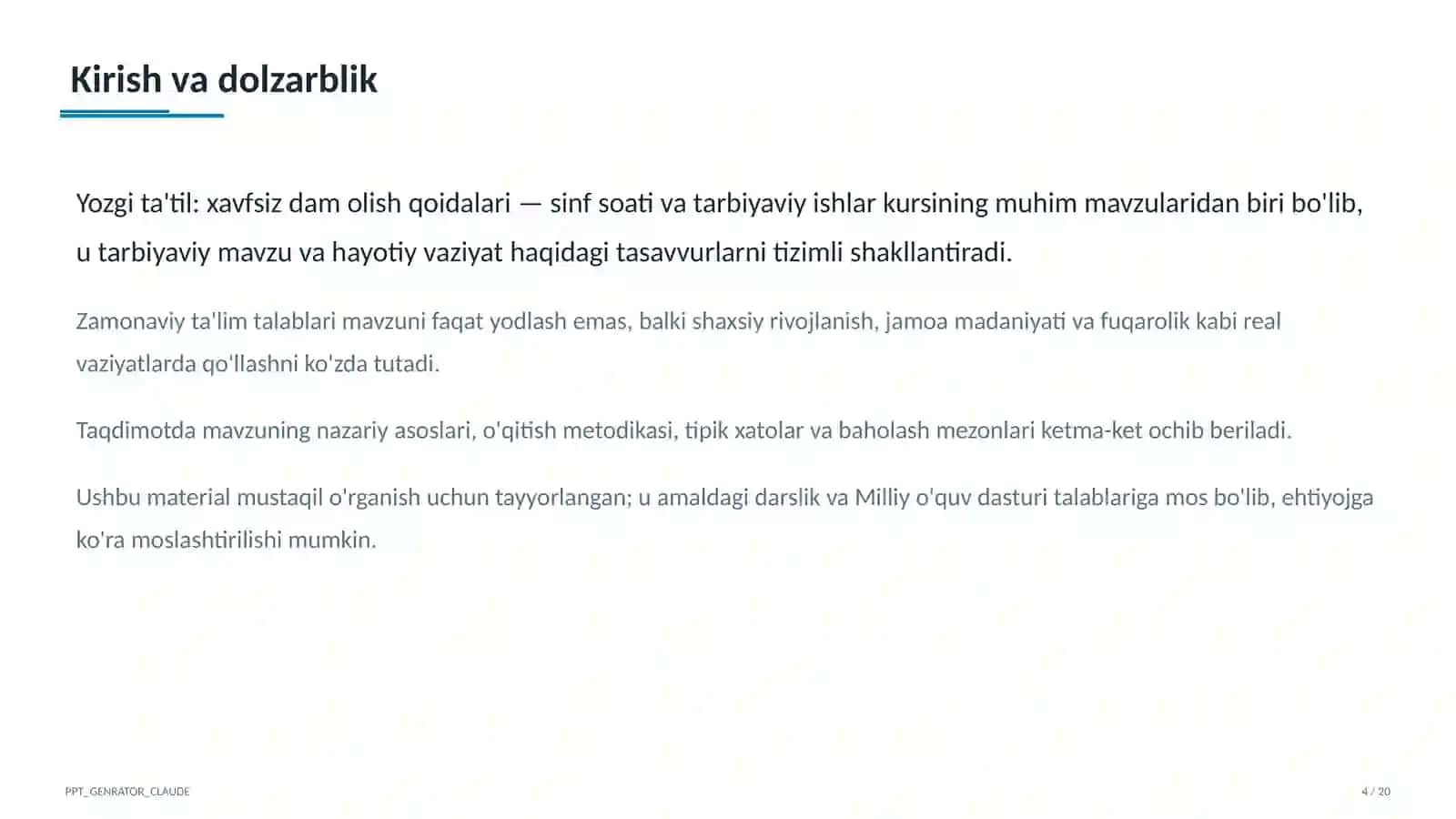 Sinf soati va tarbiyaviy tadbirlar (1–11) 4
