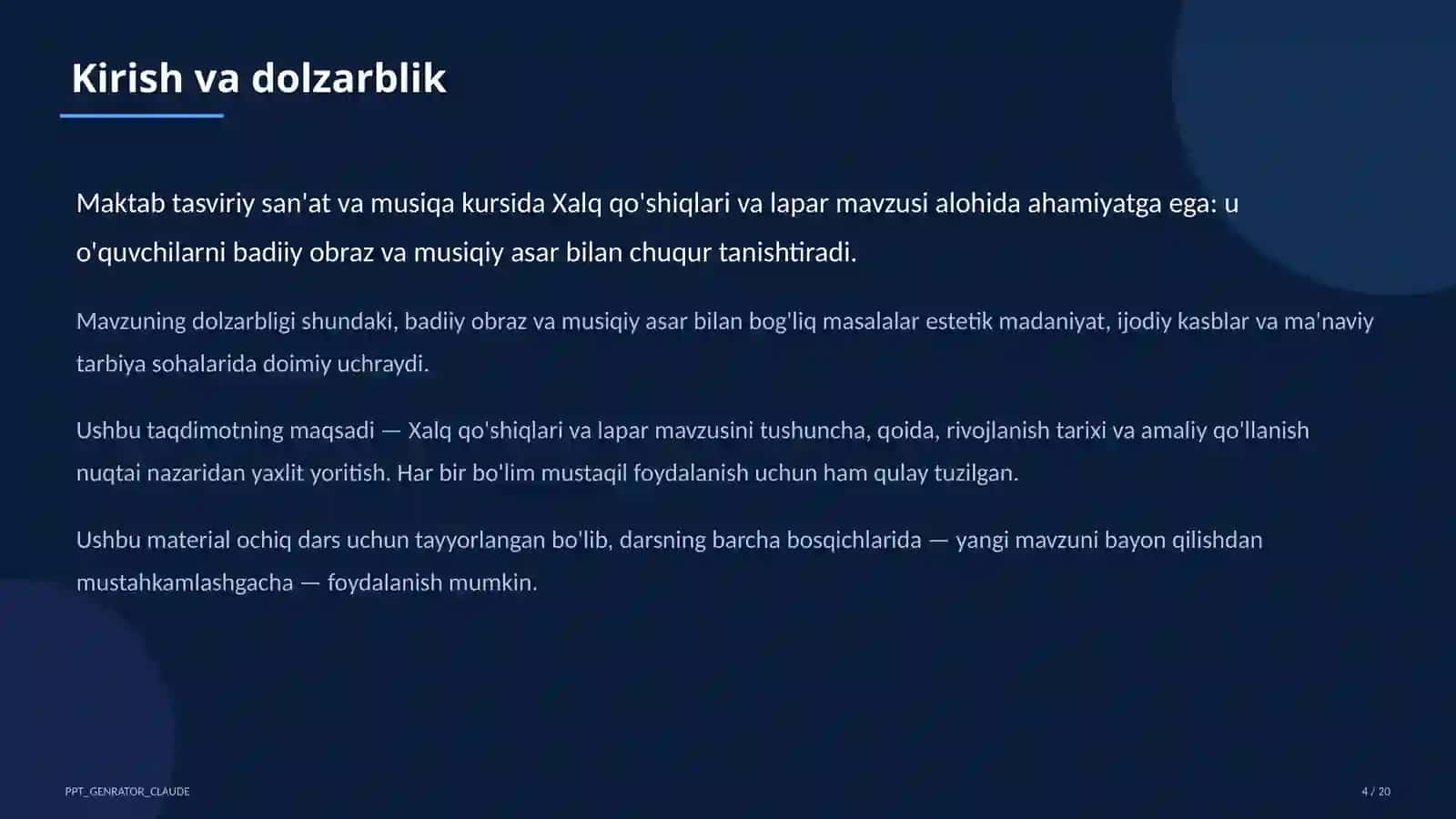Tasviriy san'at va musiqa (1–7) — ochiq dars uchun 4