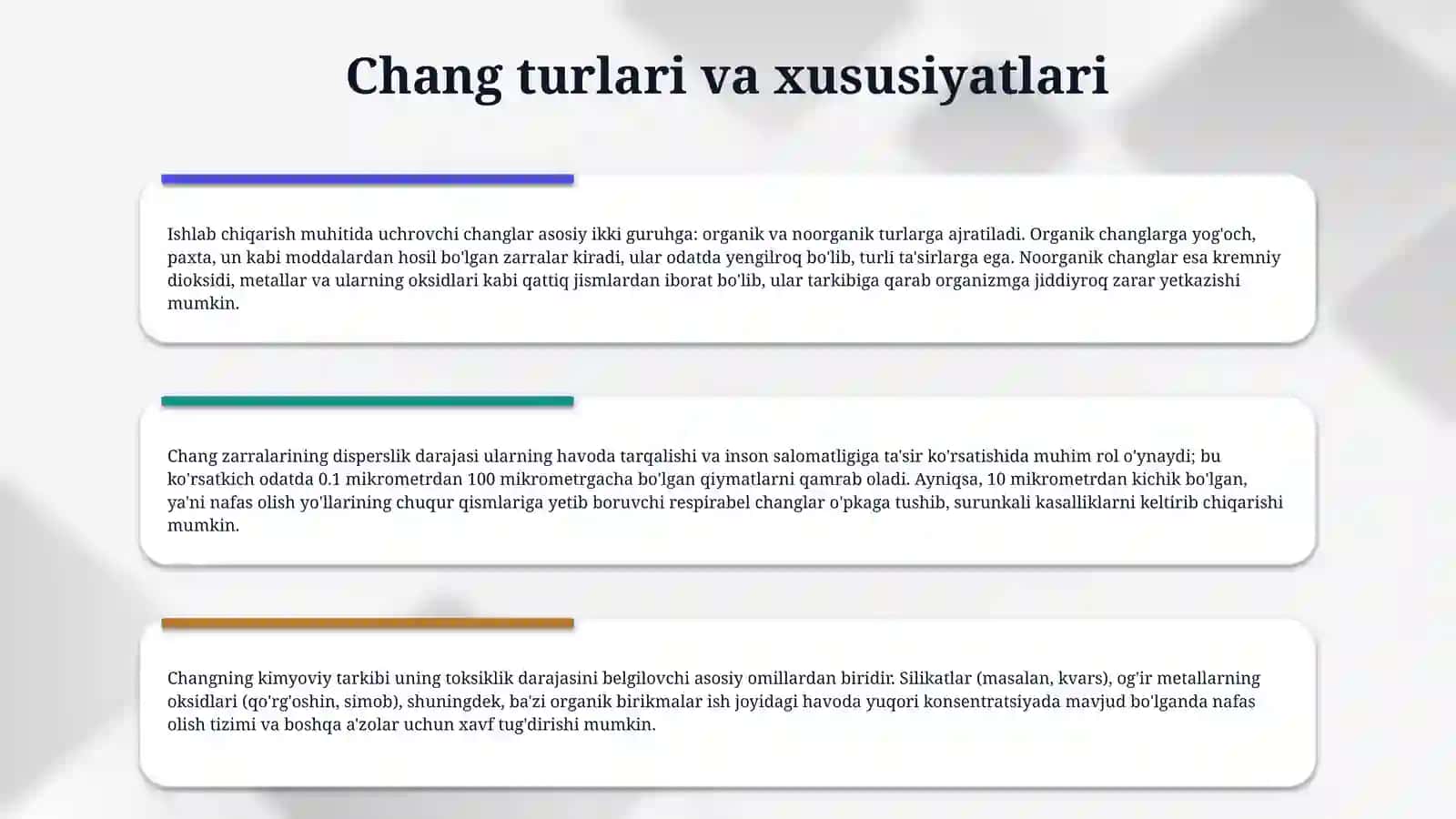 Ishlab chiqarish xonalari va ish joylaridagi havo tarkibida bo‘lgan chang miqdorini aniqlash. 4