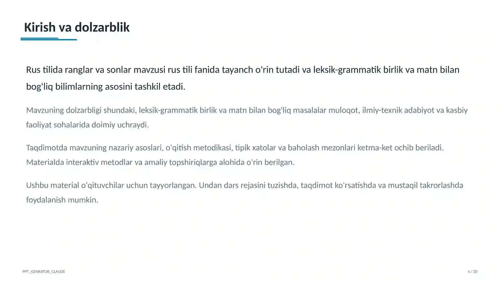 Rus tilida ranglar va sonlar (2-sinf) 4