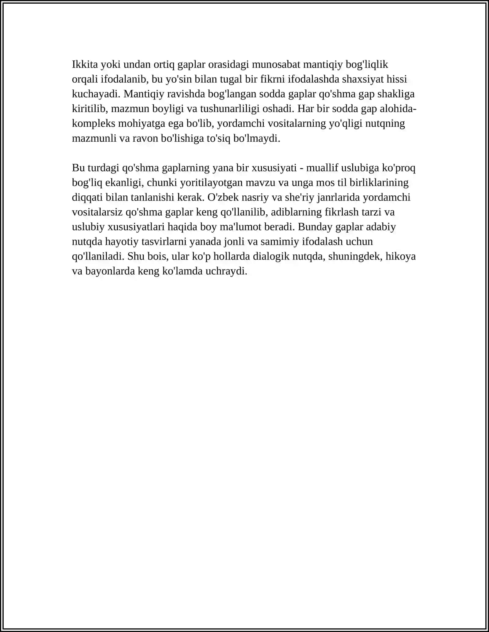 O'ZBEK TILIDA YORDAMCHI VOSITALARSIZ QO'SHMA GAPLAR 4