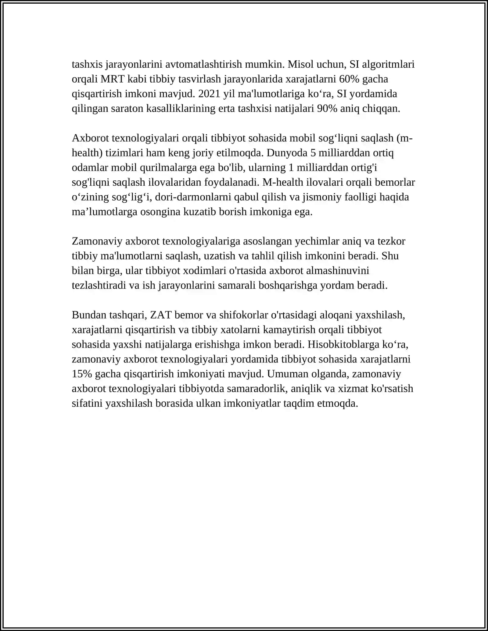 ZAMONAVIY AXBOROT TEXNOLOGIYALARIDAN BUGUNGI KUNDA FOYDALANISH DARAJASI ULARNI TIBBIYOTNING TURLI SOXALARIDA MAʼLUMOTLAR TOʻPLASHDA DIAGNOSTIKA VA DAVOLASHDA TUTGAN OʻRNI 4