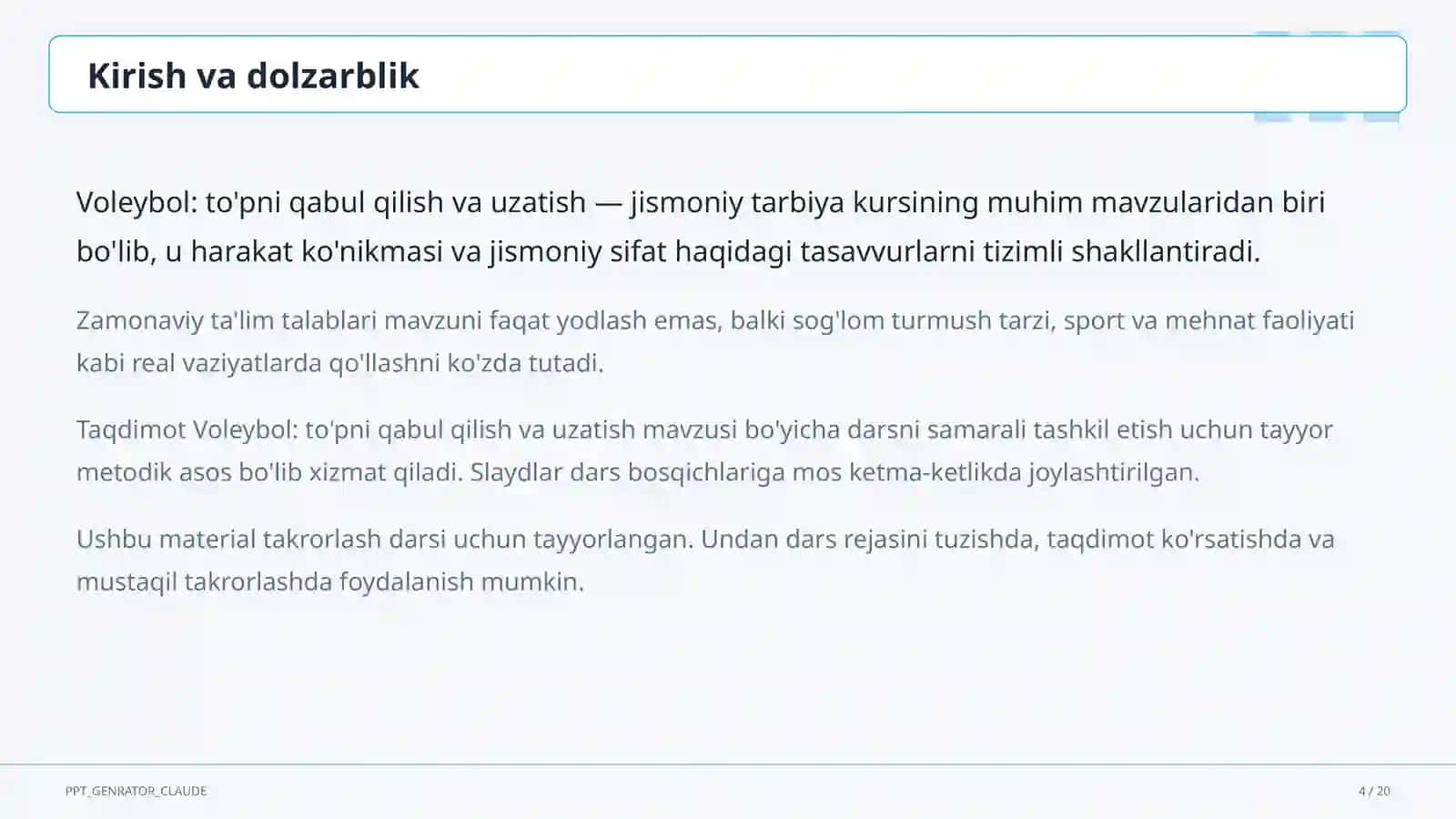 Voleybol: to'pni qabul qilish va uzatish (5-sinf) 4