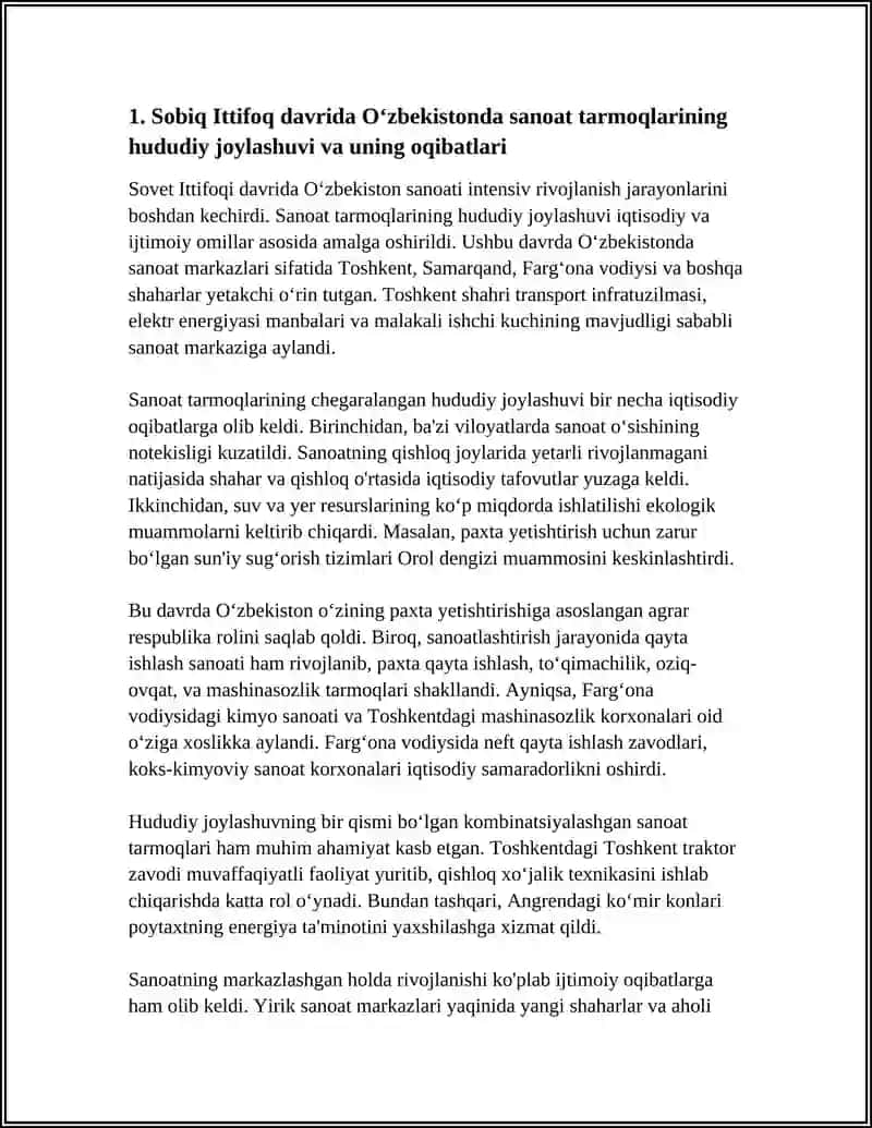 SOBIQ ITTIFOQ DAVRIDA IQTISODIY VA IJTIMOIY GEOGRAFIYA OʻZBEKISTONDA IJTIMOIY IQTISODIY GEOGRAFIYANING RIVOJLANISH XUSUSIYATLARI YECHIMLARINI TAYYORLASH 4