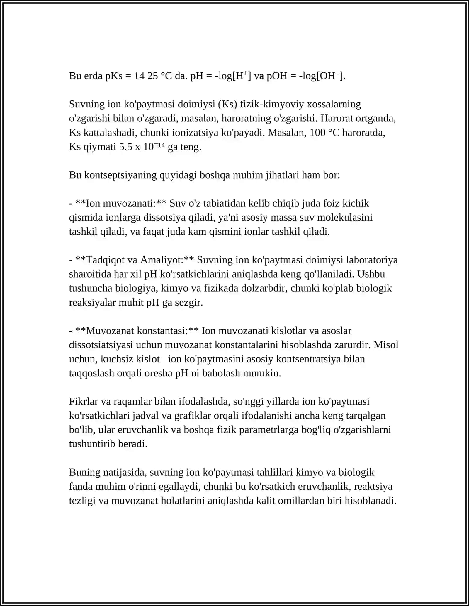SUVNING ION KÕPAYTMASI, VODOROD KÕRSATKICHINING AHAMIYATI. BUFER ERITMALAR 4
