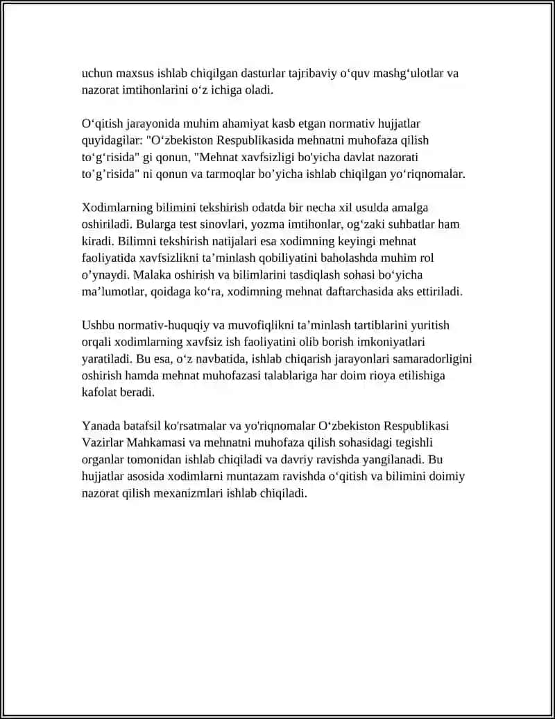 XAVFSIZ FAOLIYATNI TASHKIL QILISHDA XODIMLAR BILIMINI TEKSHIRISH VA OʻQITISH 4