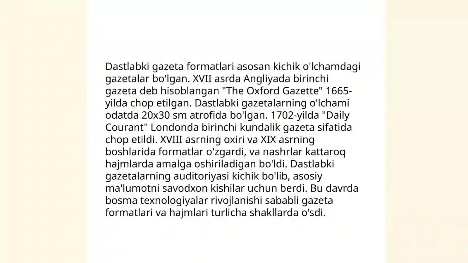 Gazetalarning dastlabki koʻrinishlari axborotni xalqqa yetkazish shakllari 4