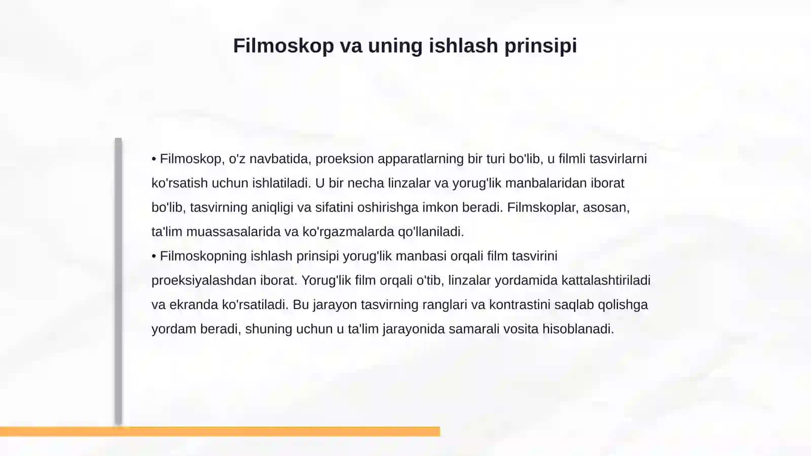 Proeksion apparatlar (filmoskop, kodoskop, fotoapparat, yoritgich asboblarda nurlarning yo‘li) qo‘llanilishi 4