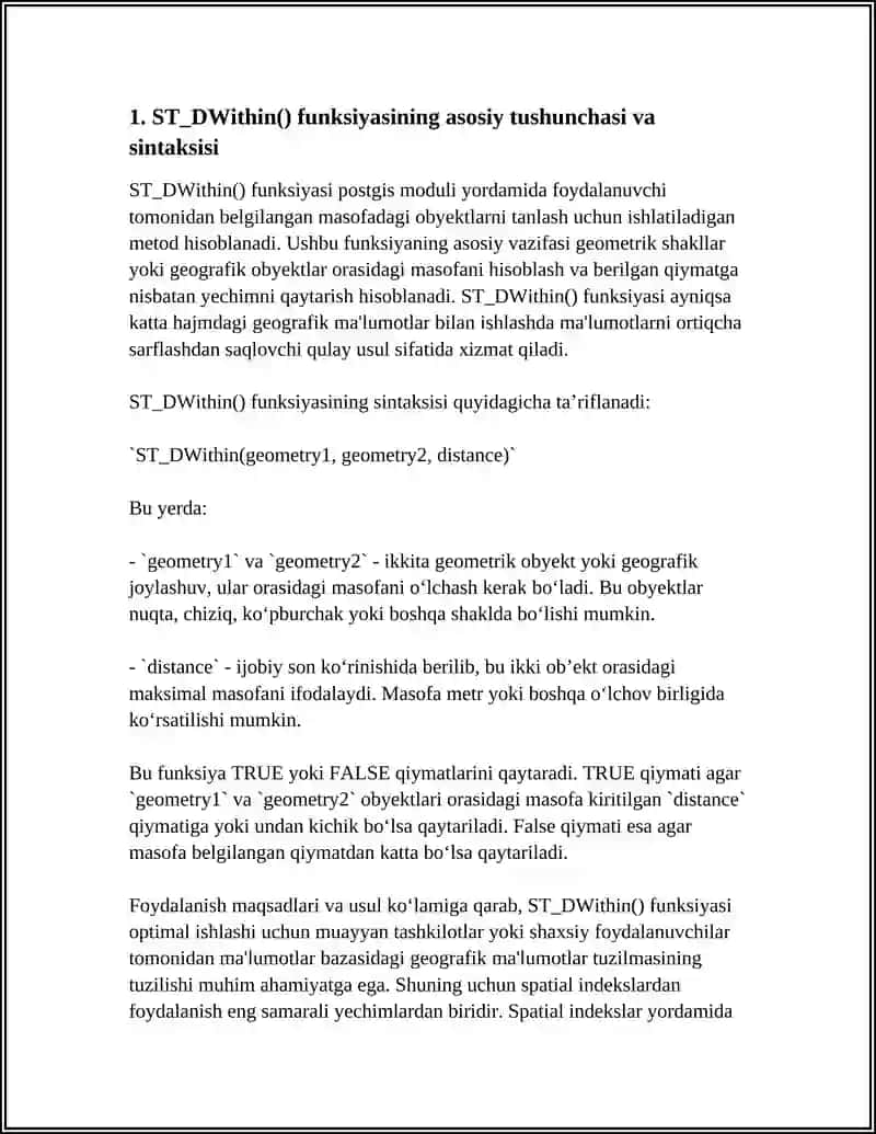 ST_DWITHIN() FUNKSIYASI YORDAMIDA BELGILANGAN MASOFADAGI OBYEKTLARNI TANLASH VA UNING OPTIMALLASHTIRILISHI 4