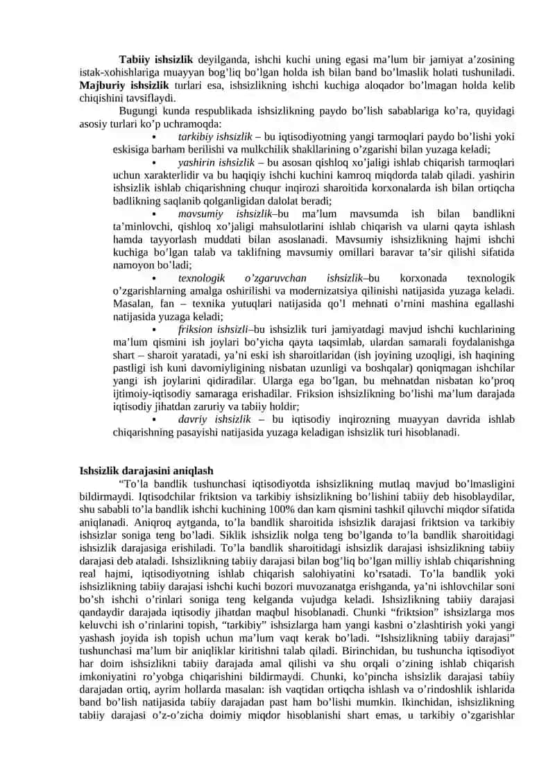 Ishsizlikning kelib chiqish sabalari va uning namoyon bo’lish shakllari 4
