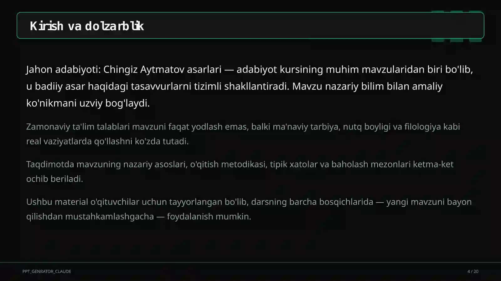 Jahon adabiyoti: Chingiz Aytmatov asarlari (11-sinf) 4