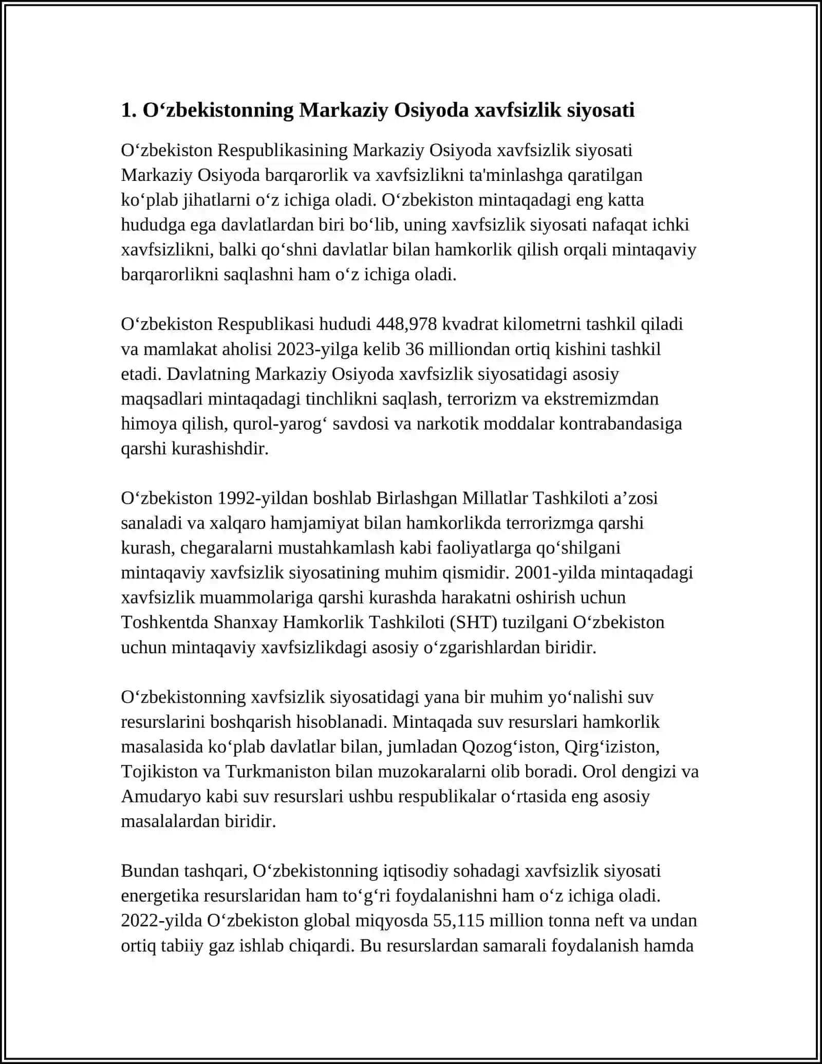 Oʻzbekistonning Markaziy Osiyoda Tinchlik va Barqarorlikni Taʼminlashdagi Oʻrni 4