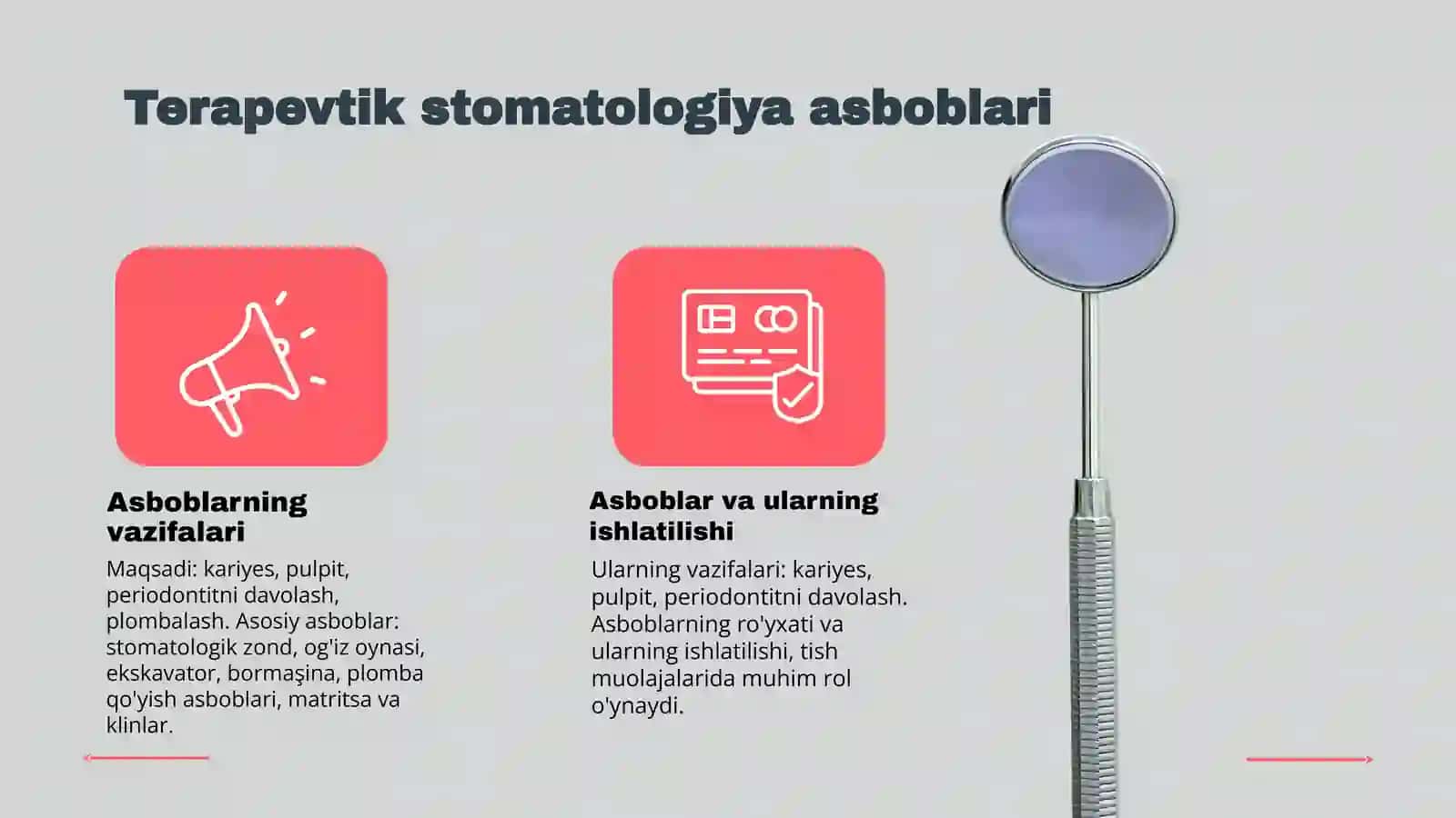 Stomatologiyaning turli bo’limlarida ishlatiluvchi asboblarni farqlash 4