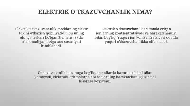 Elektrkimyo asoslari.Elektr o'tkazuvchanlik.Konduktometriya 4