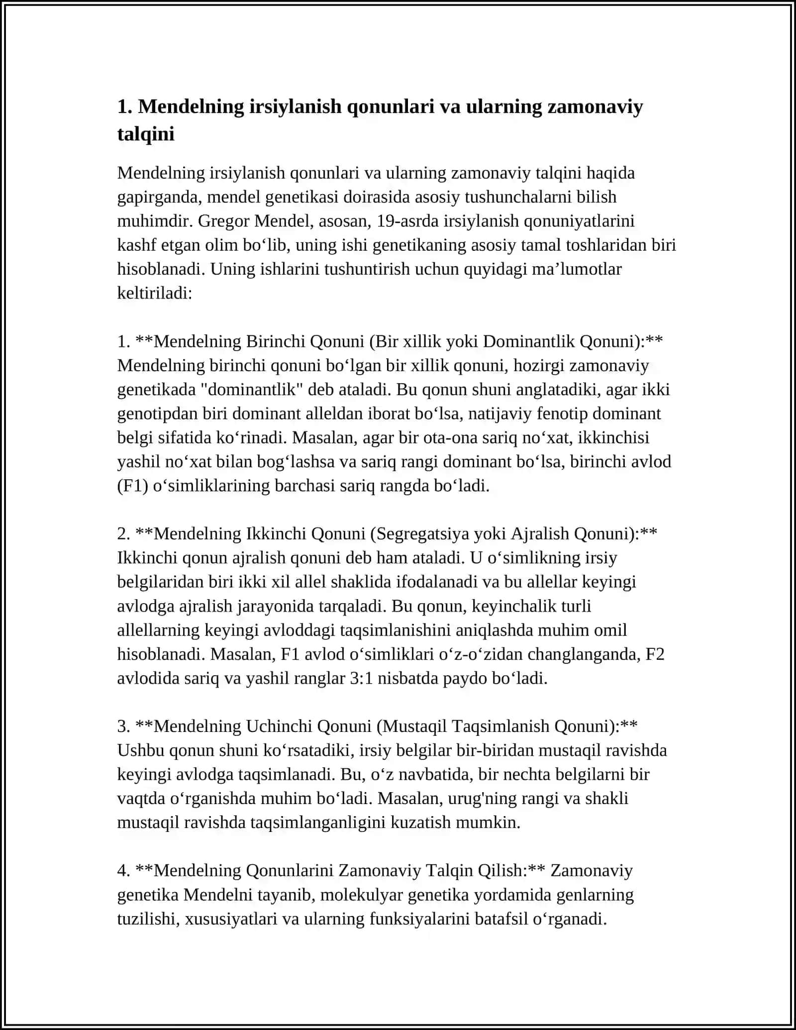 Mendelning irsiylanish qonunlari va ularning zamonaviy talqini 4