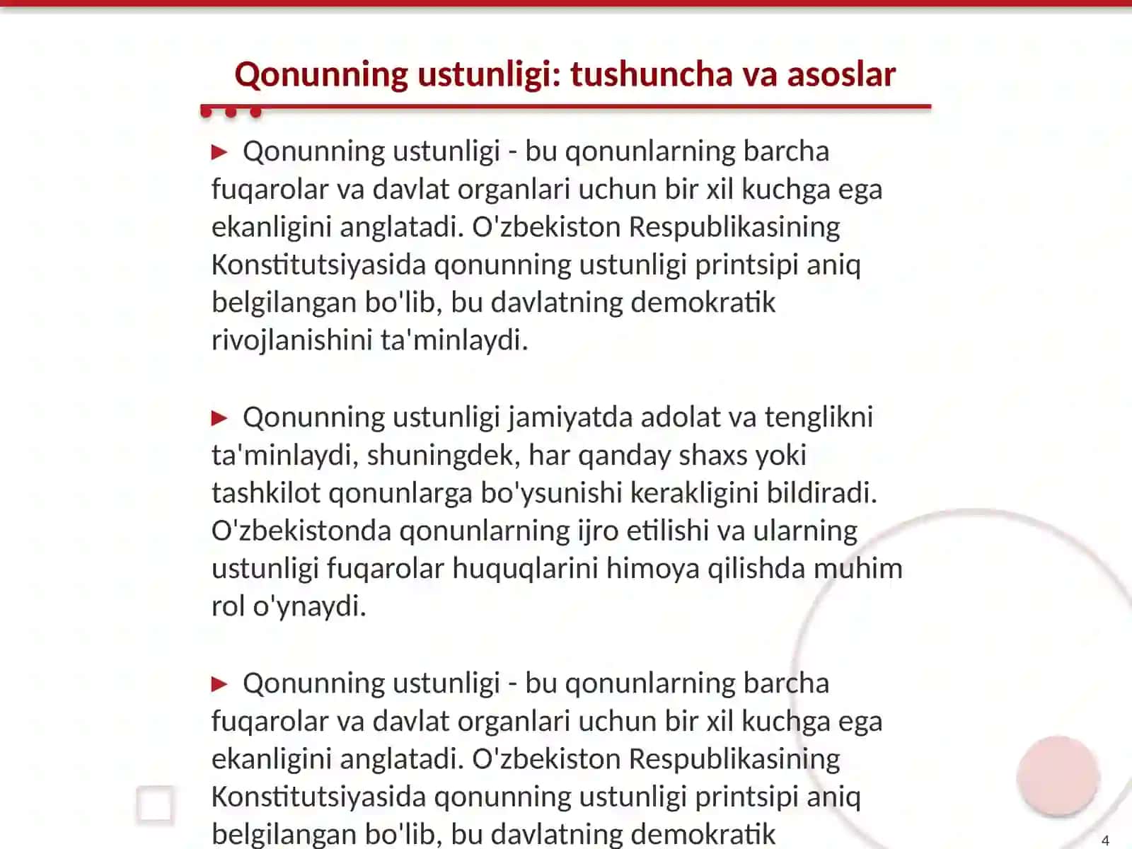 Konstitutsiya va qonunning ustunligi hamda ularning tan olinishi va bajarilishi 4