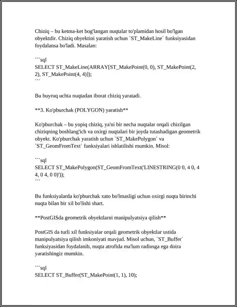 PostGISDA NUQTALAR, CHIZIQLAR VA KO'PBURCHAKLARNI YARATISH VA MANIPULYATSIYA QILISH BO'YICHA AMALIY ISH 4