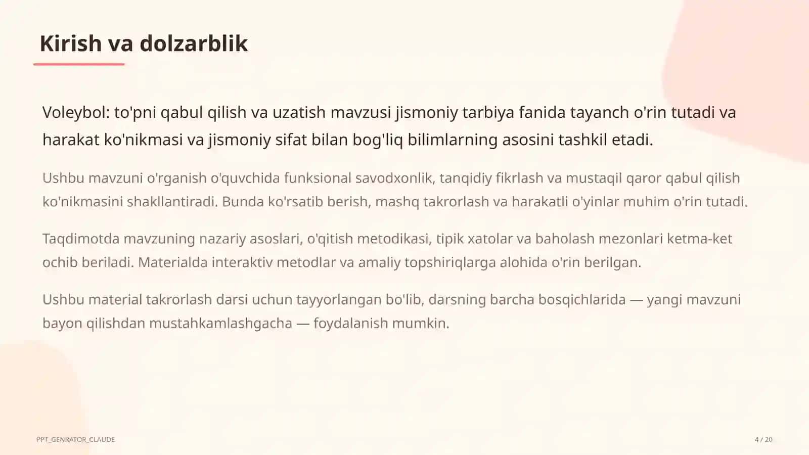 Voleybol: to'pni qabul qilish va uzatish (5-sinf) 4