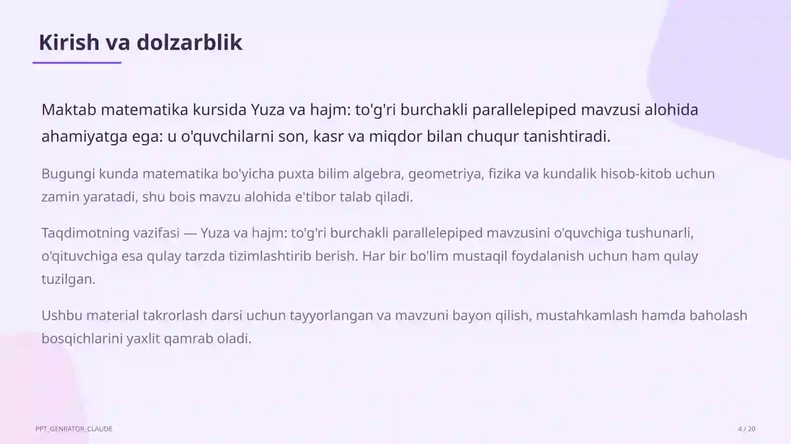 Yuza va hajm: to'g'ri burchakli parallelepiped (5-sinf) 4