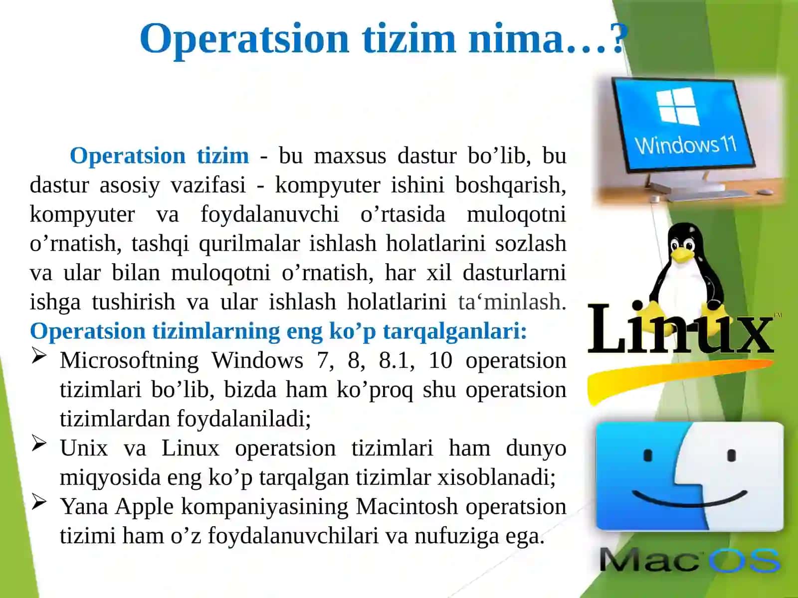 Dasturiy ta'minot vauning rivojlanib borshtendensiyalari. Zamonaviy Operatsion tizimlarning tasnifi 4