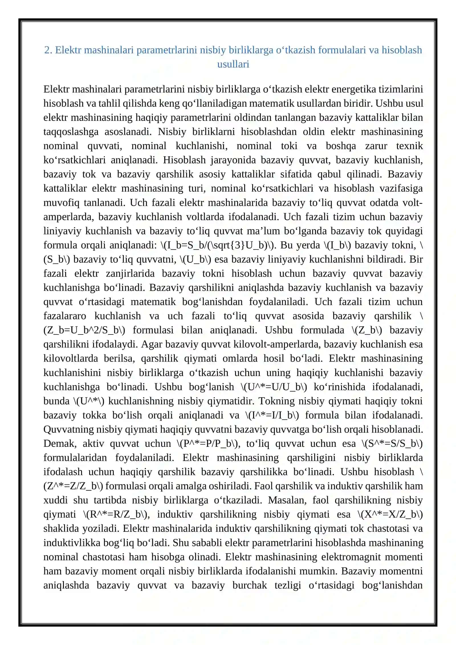 Elektr mashinalari parametrlarini nisbiy birliklarga o‘tkazish 4