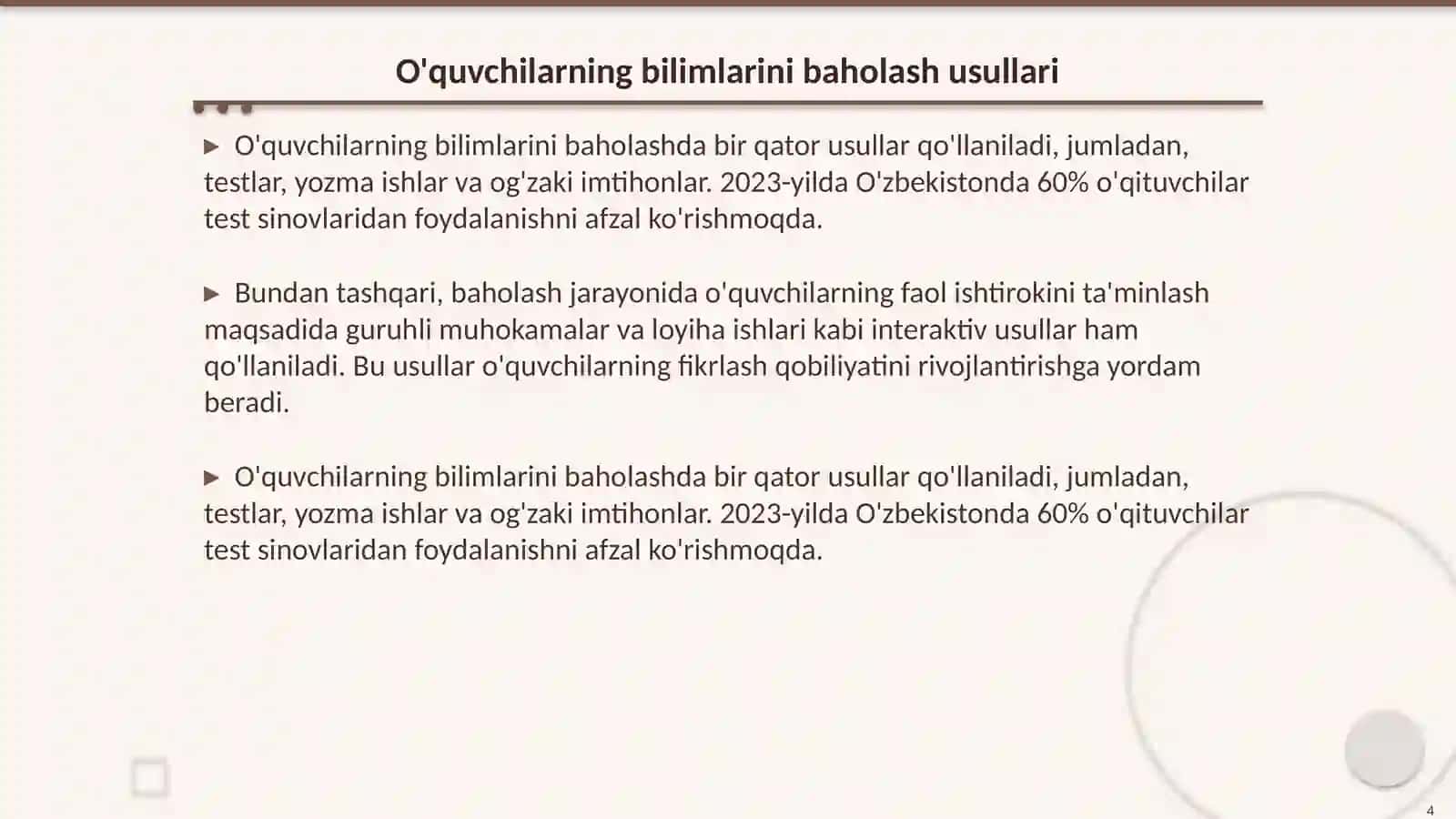 Òquvchilarning bilim konikma va malakalarni nazorat qilish va baholash 4