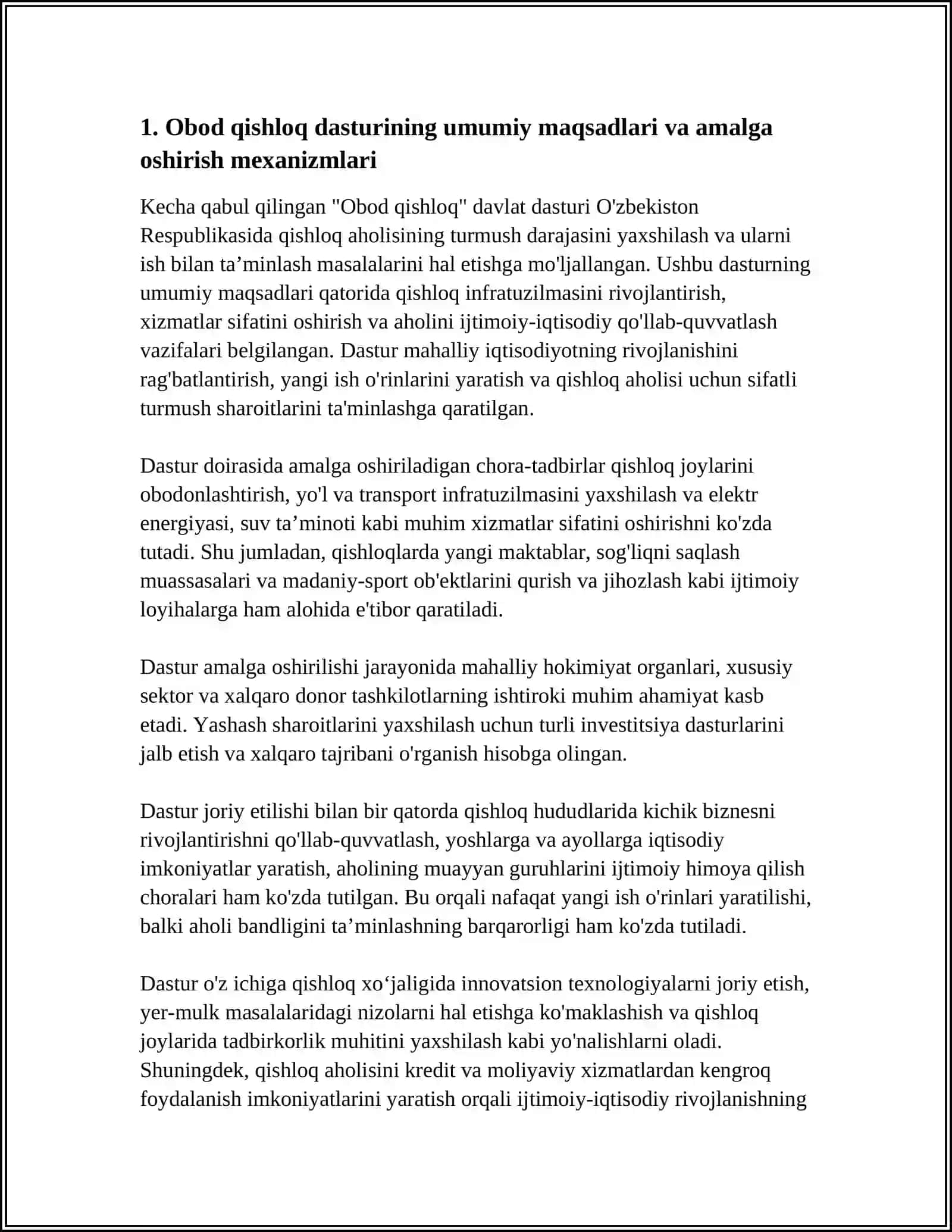 O'ZBEKISTONDA OBOD QISHLOQ DAVLAT DASTURI QISHLOQ AHOLISINING TURMUSH DARAJASINI YAXSHILASH VA ULARNI ISH BILAN TAMINLASH MASALALARI 4
