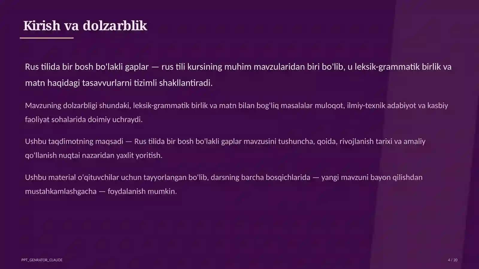 Rus tilida bir bosh bo'lakli gaplar (8-sinf) 4