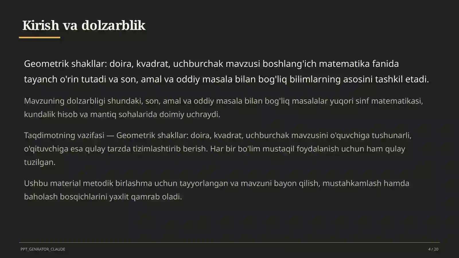 Boshlang'ich sinf: Matematika (1–4) — metodik birlashma uchun 4