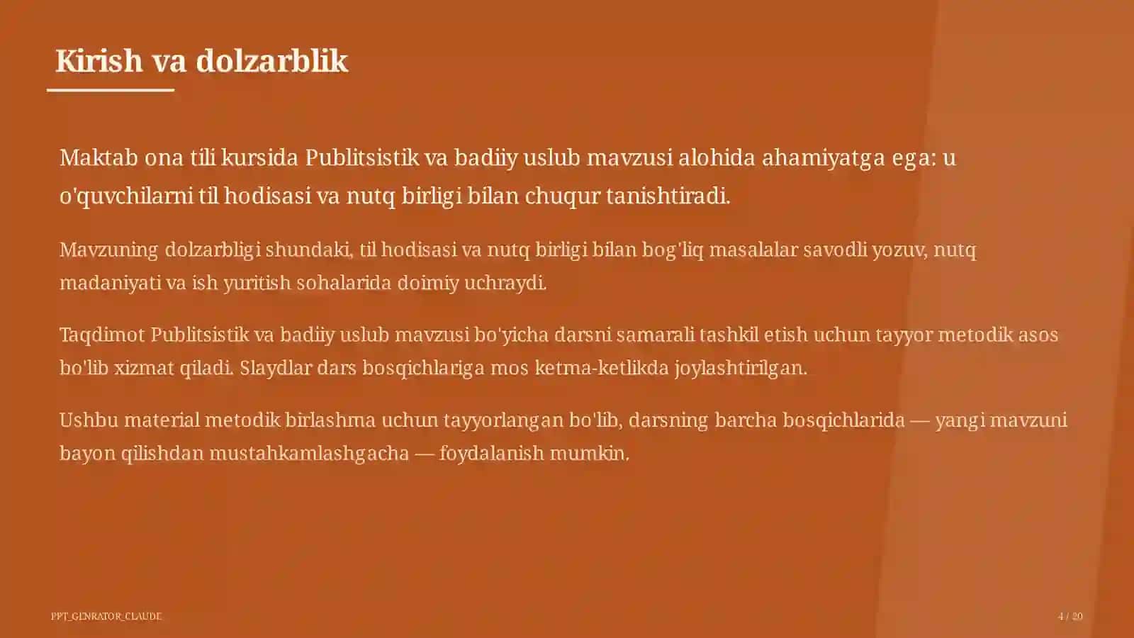 Publitsistik va badiiy uslub (10-sinf) Ona tili (5–11) — metodik birlashma 4