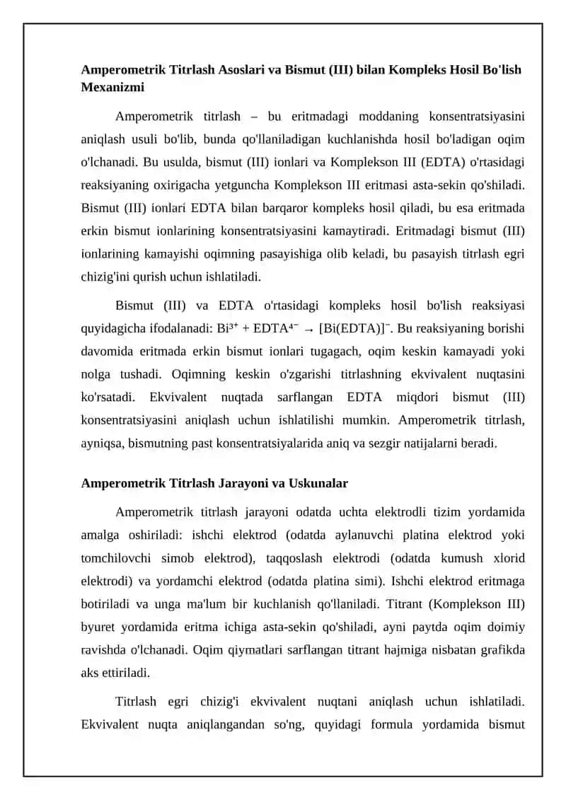 Amperometrik titirlash usulida vismutni konsentratsiyasi kompleksion- lll bilan aniqlash 4