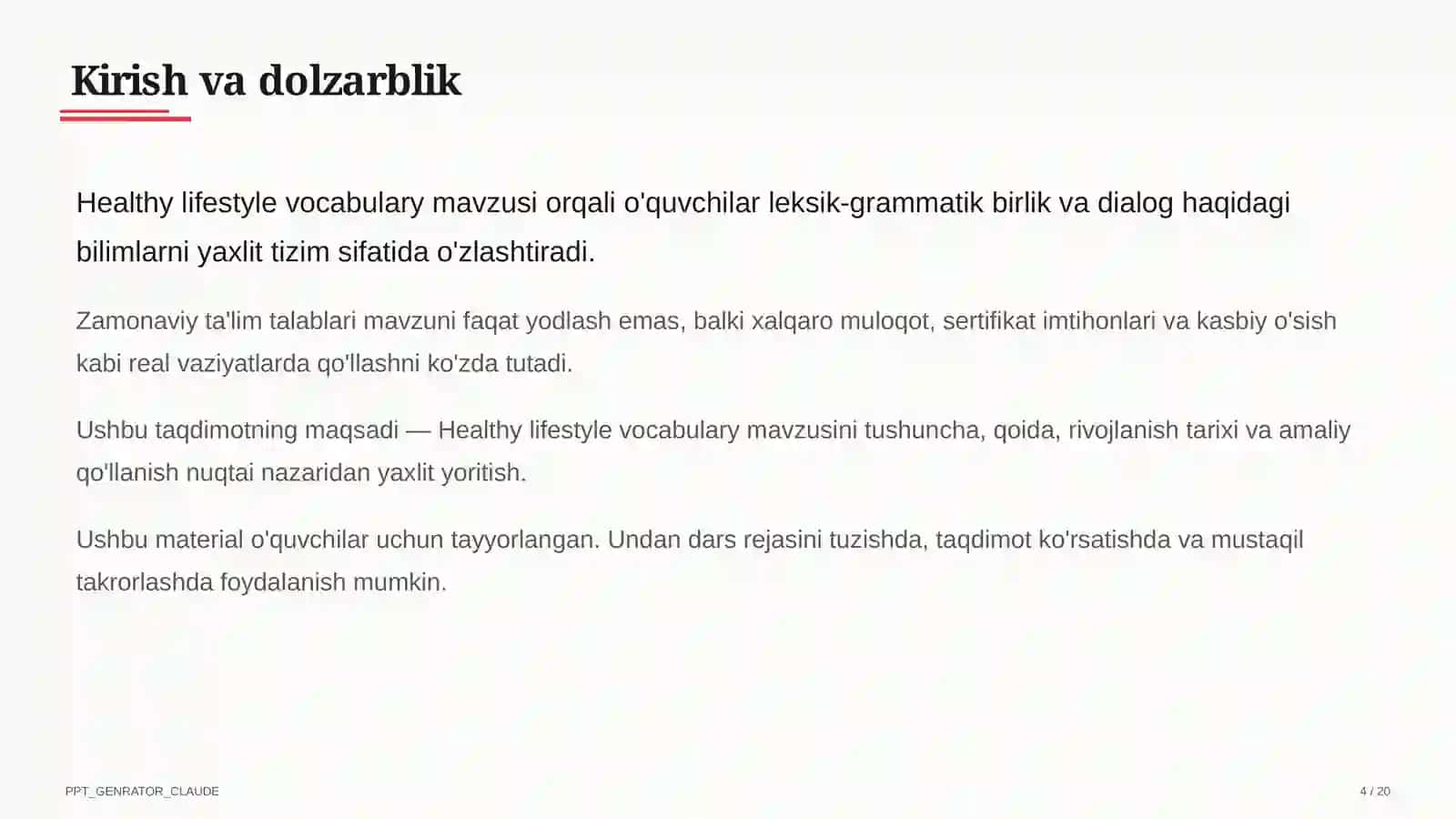 Healthy lifestyle vocabulary (7-sinf) 4