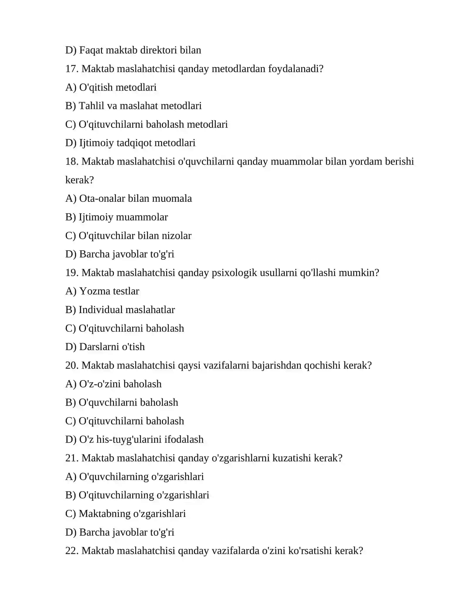 Maktab maslahatchisi lavozimi uchun testlar to'plami 4
