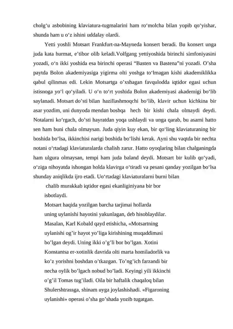 V.Motsart  fortepiano asarlari va konsertari. Asarlaridan parchalar ijro etish 4