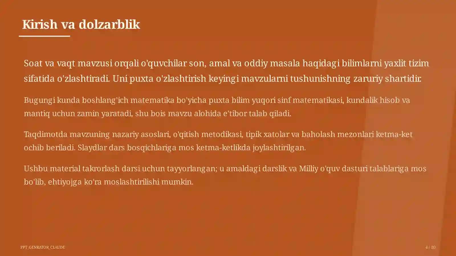 Boshlang'ich sinf: Matematika (1–4) — takrorlash darsi uchun 4