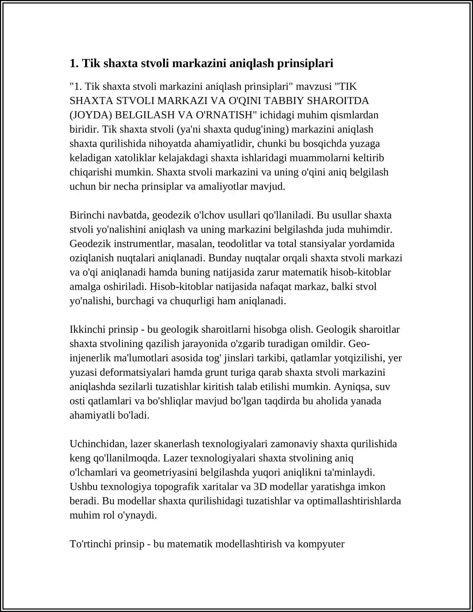 TIK SHAXTA STVOLI MARKAZI VA O'QINI TABBIY SHAROITDA (JOYDA) BELGILASH VA O'RNATISH 4