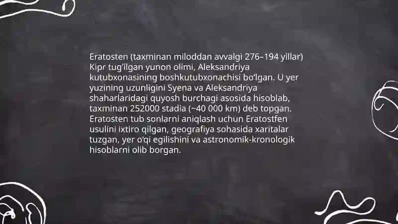 Yavklid va Eratosfen hayoti va ijodi haqida maʼlumot 4