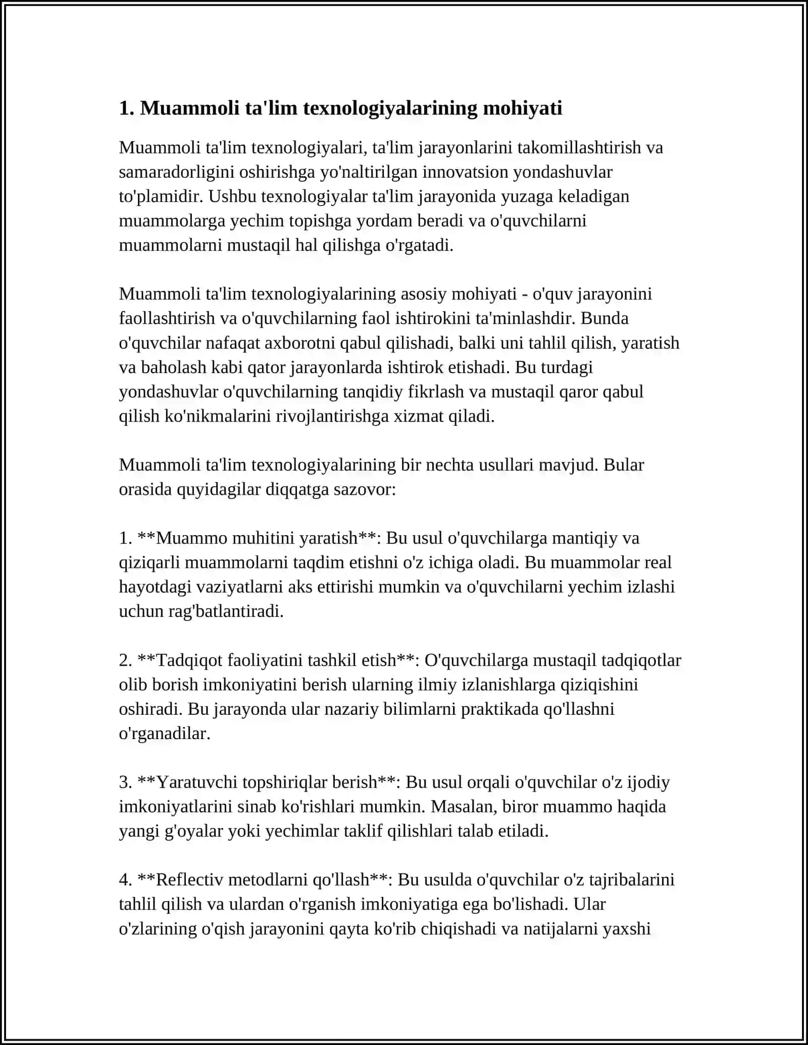 MEHRIBONLIK UYI TARBIYALANUVCHILARI BILAN OLIB BORILADIGAN IJTIMOIY PEDAGOG FAOLIYATIDA MUAMMOLI TA'LIM TEXNOLOGIYALARIDAN FOYDALANISH 4