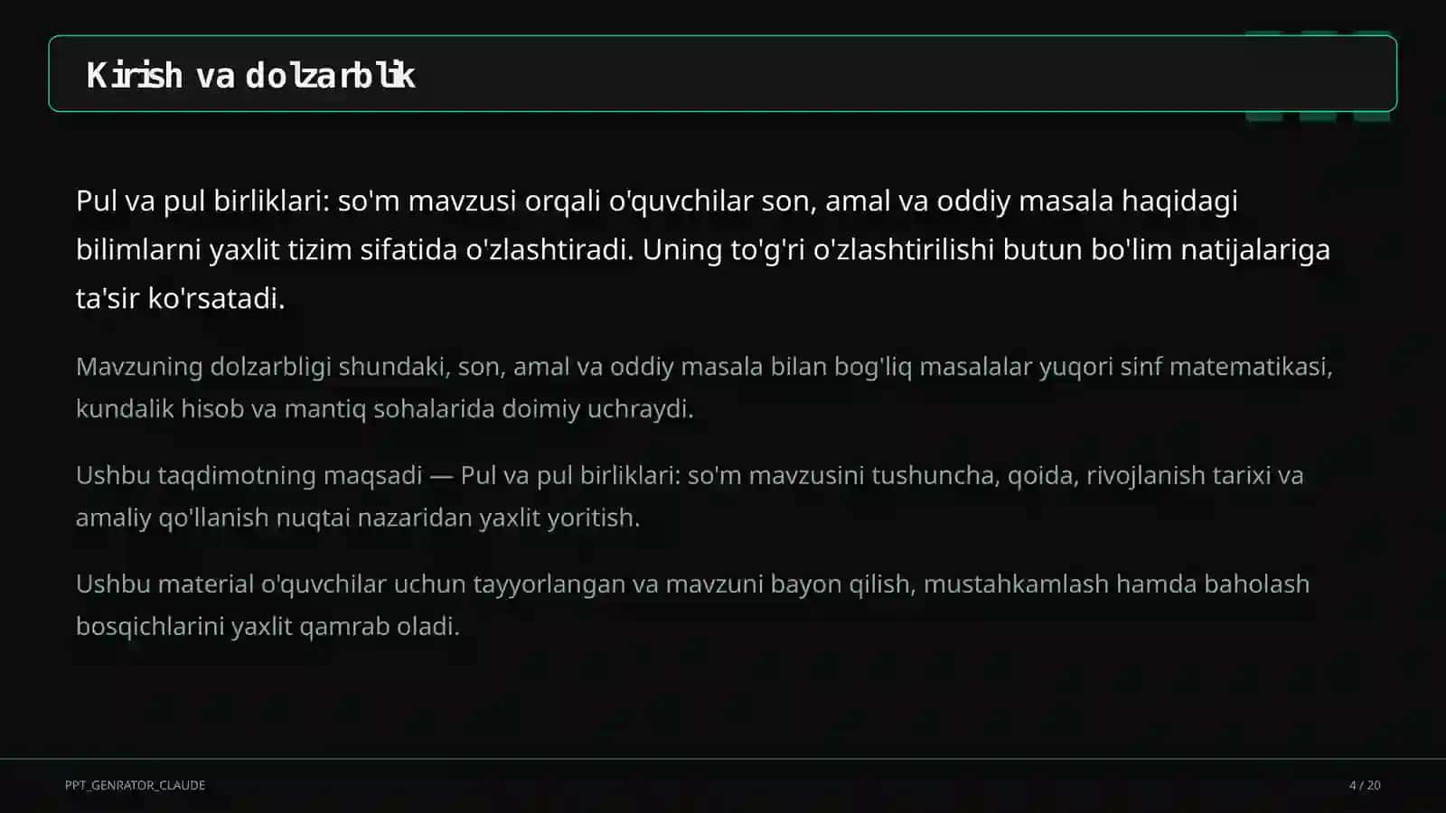 Pul va pul birliklari: so'm (2-sinf) 4