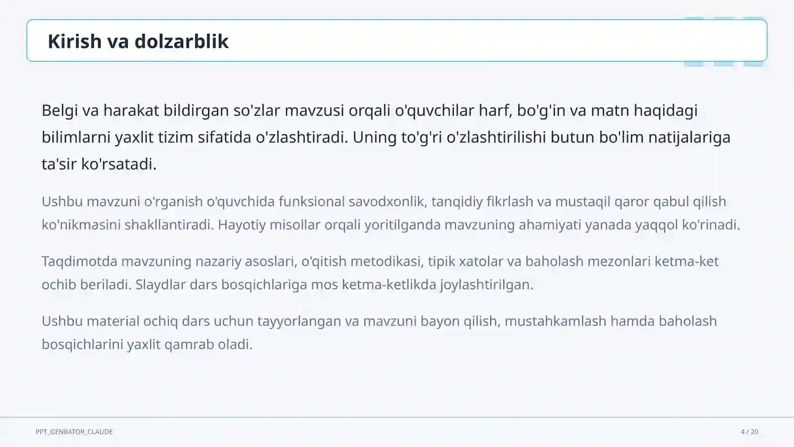 Belgi va harakat bildirgan so'zlar (2-sinf) 4