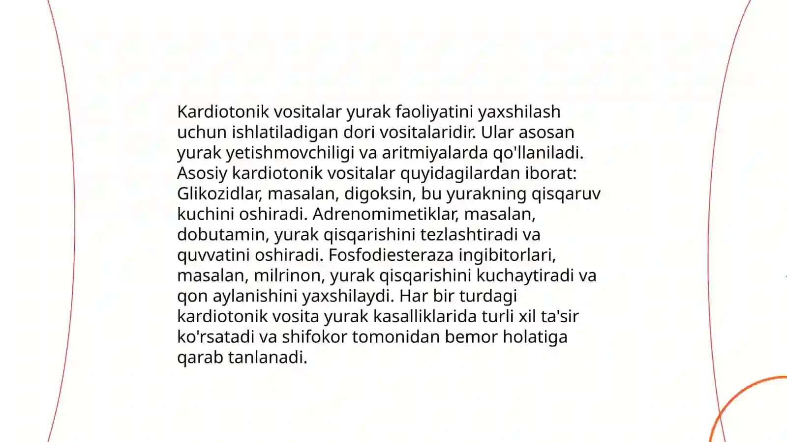 Yurak -qon tomir tizmiga ta'sir etuvchi dori vositalar. Kardiotonik vositalar vositalar,yurak glikozidlari 4