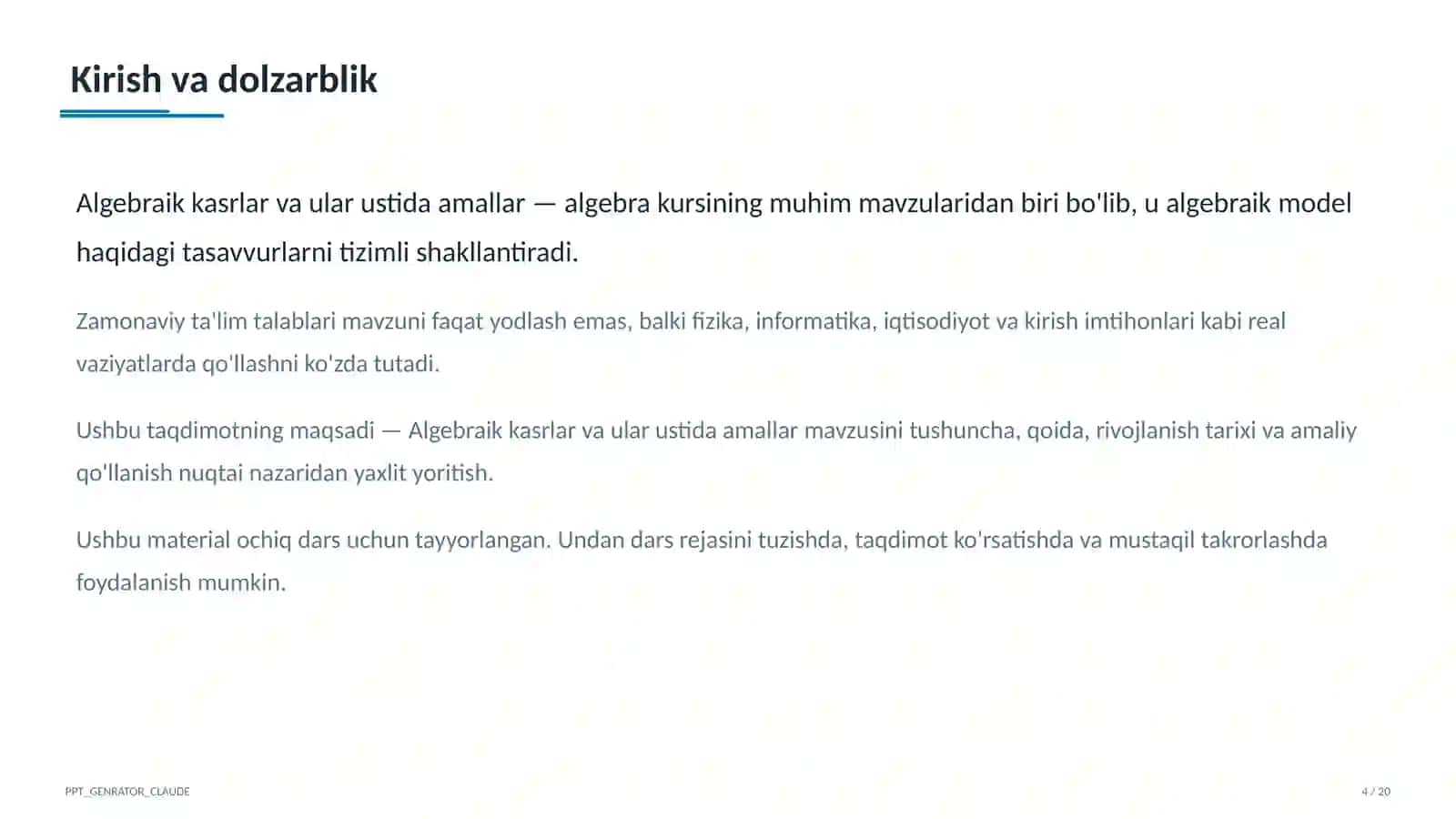 Algebraik kasrlar va ular ustida amallar (8-sinf) 4