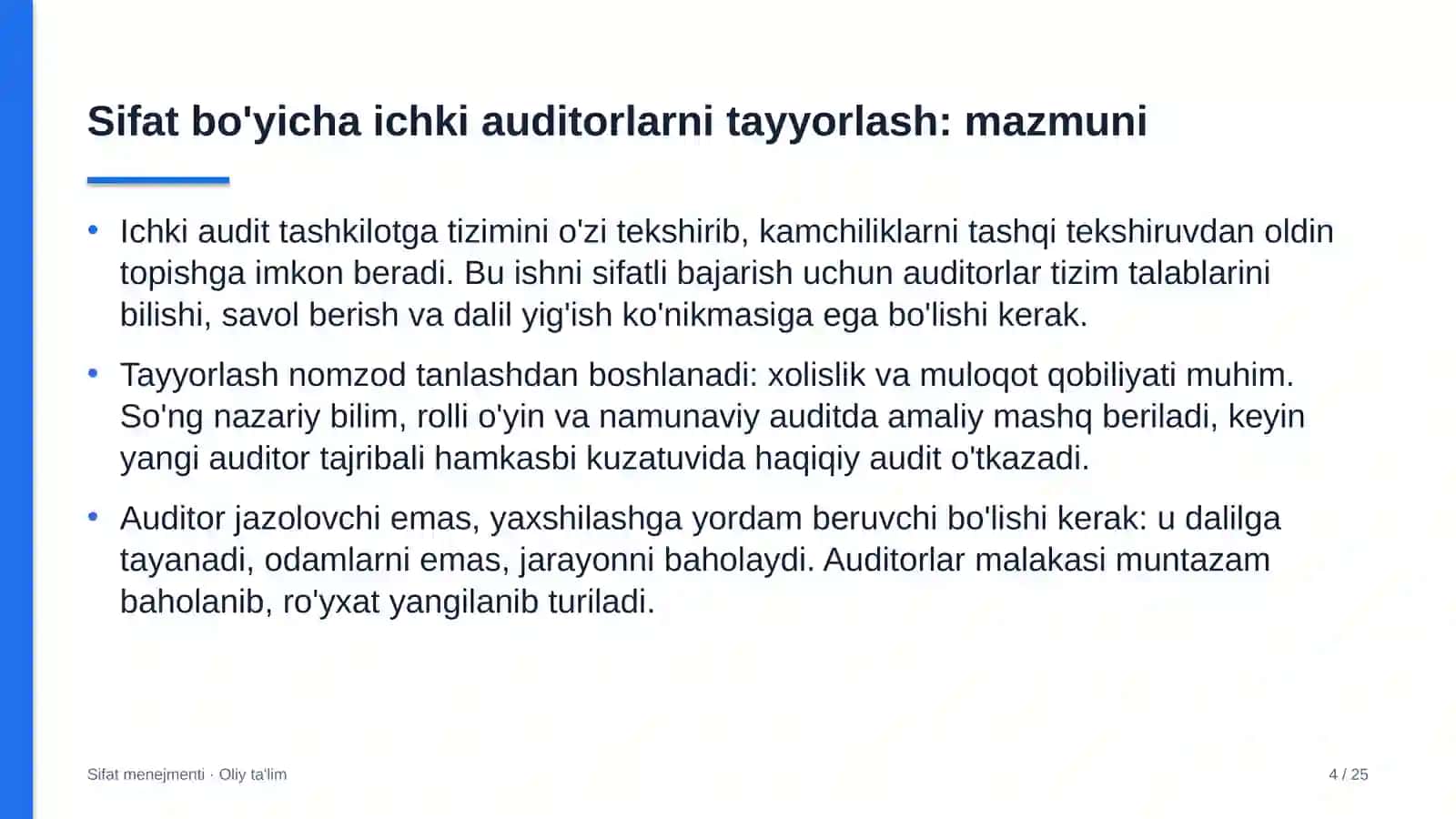 Baholash tashkilotlarida sifat bo'yicha ichki auditorlarni tayyorlash 4