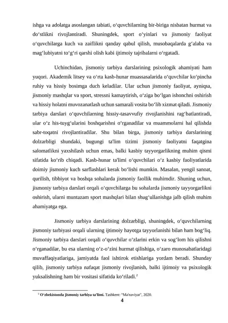 Akademik litsey va o'rta kasb-hunar ta`lim muassasalarida jismoniy tarbiya darslari (KURS ISHI) 4