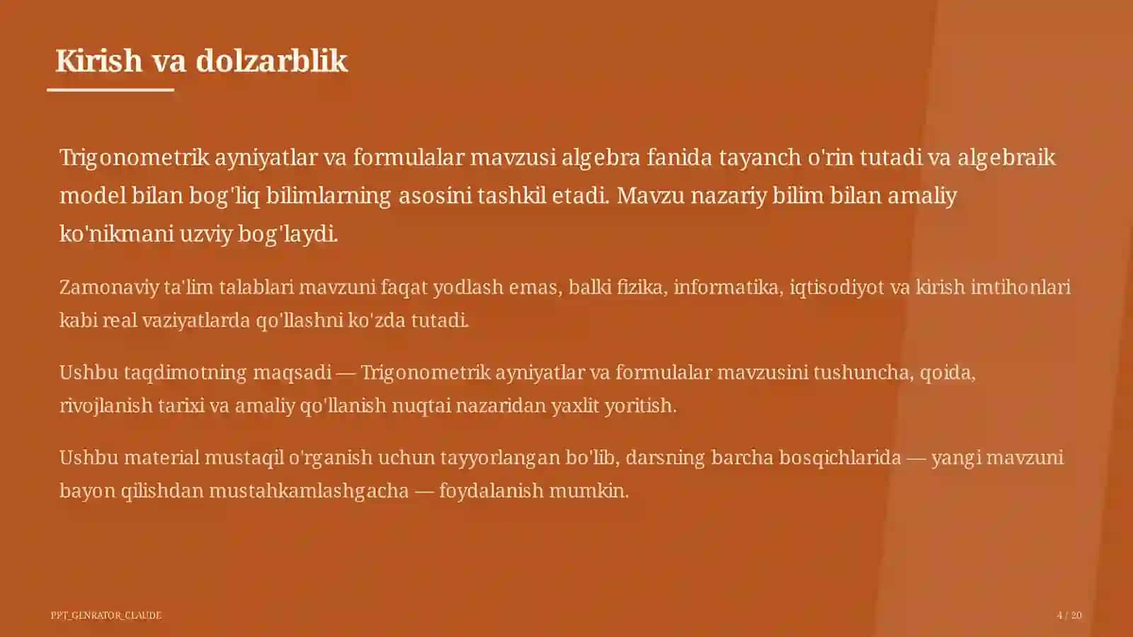 Trigonometrik ayniyatlar va formulalar (10-sinf) 4