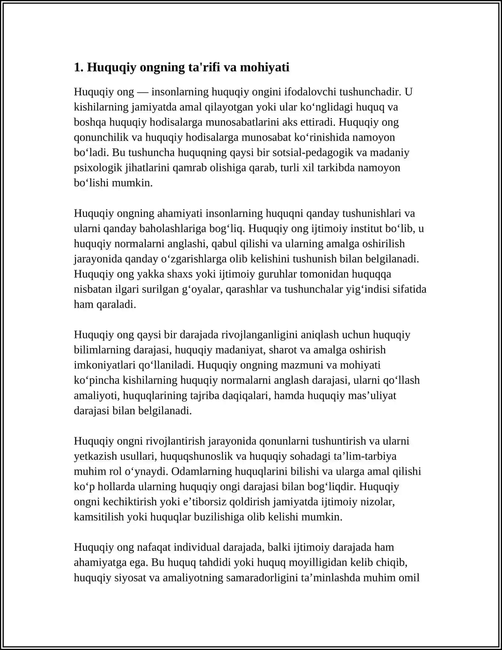 HUQUQIY ONG – KISHILARNING AMAL QILAYOTGAN HUQUQ VA BOSHQA HUQUQIY HODISALARGA MUNOSABATLARINI IFODALOVCHI QARASHLARI, G‘OYALARI, TASAVVURLARI, SHUNINGDEK, HIS-TUYG‘ULARI, HIS-HAYAJONLARINING YIG‘INDISIDIR 4